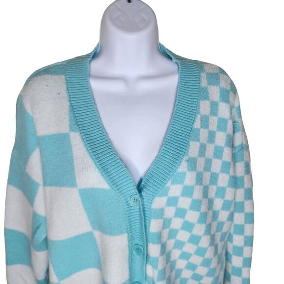 Retro Witty Fox Geometric Cardigan Sweater Womens Size S Blue White - Picture 2 of 8
